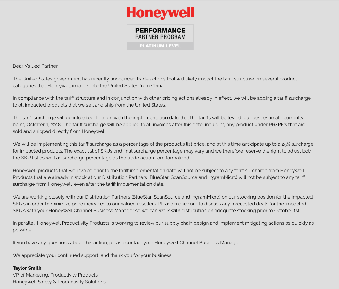 honeywell tariff 3